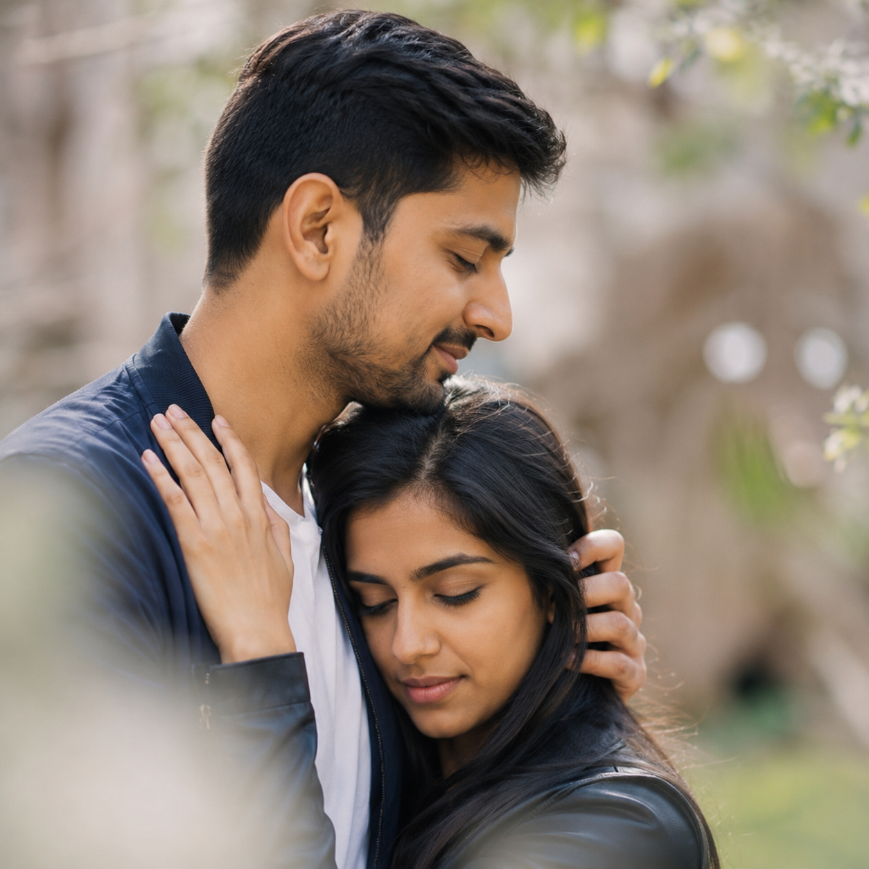 Couple sharing a tender, close embrace outdoors