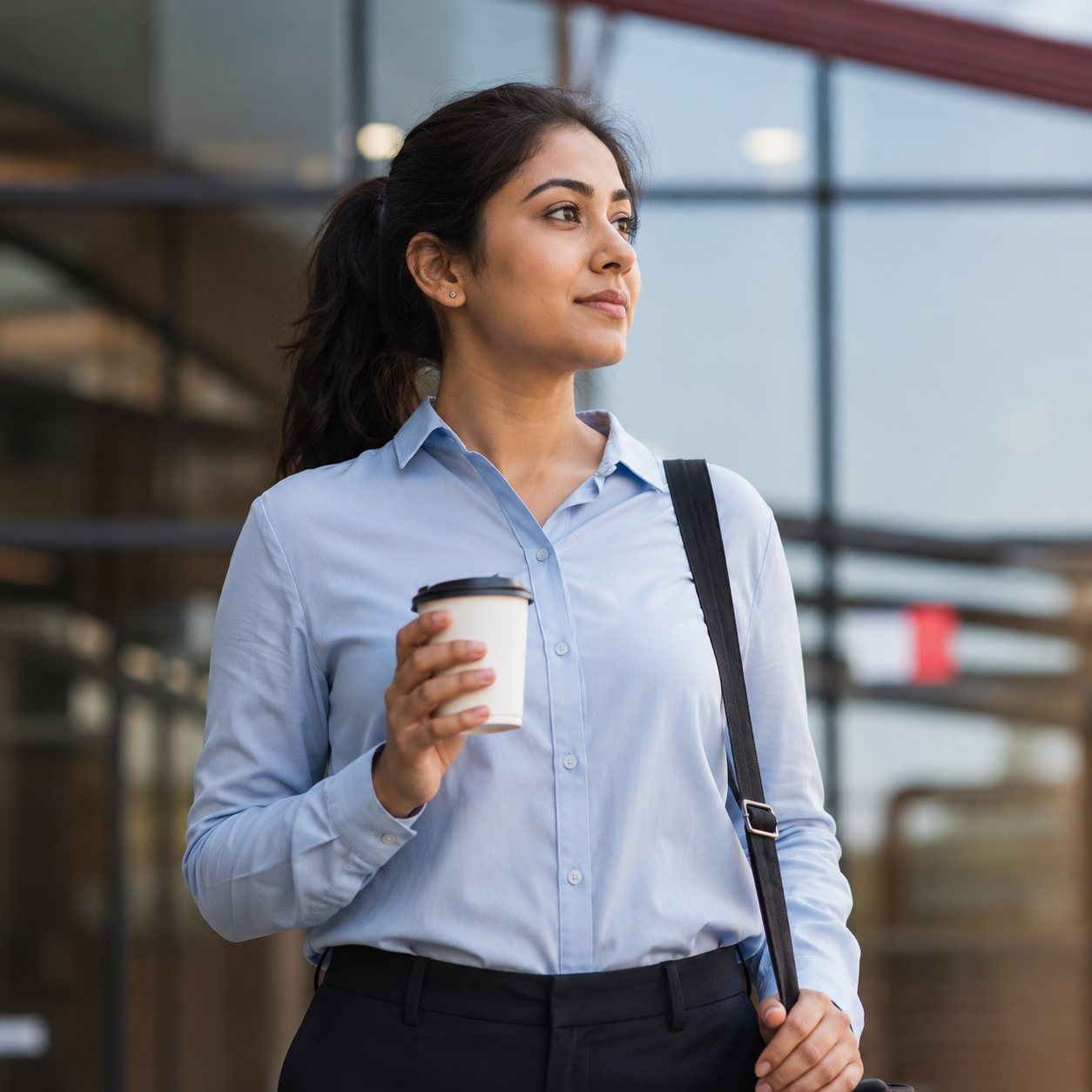 Confident professional woman walking with a coffee cup